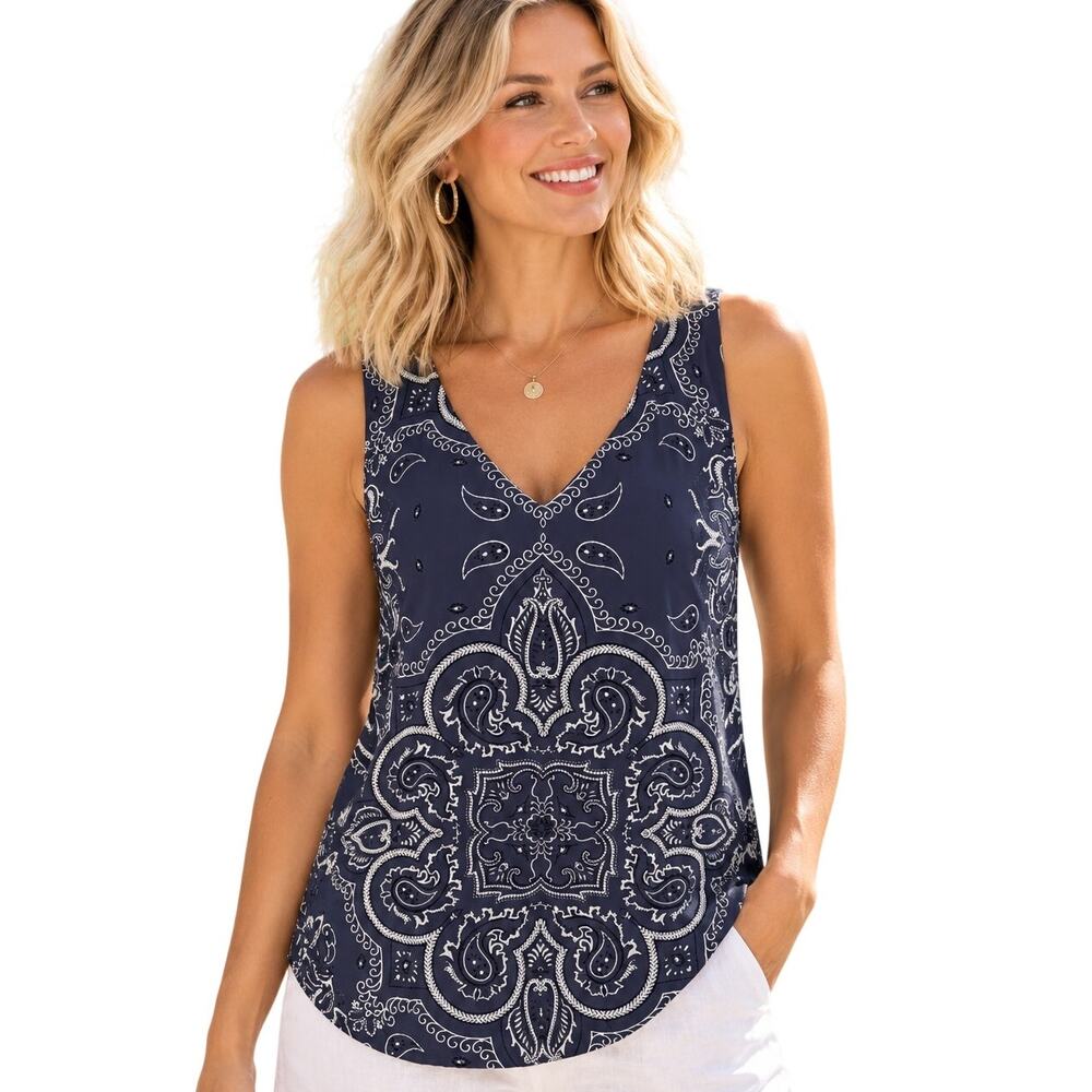 W5 Blue Bandana Tank Womens Medium V-Neck Sleeveless Boho Folk Top Anthropologie